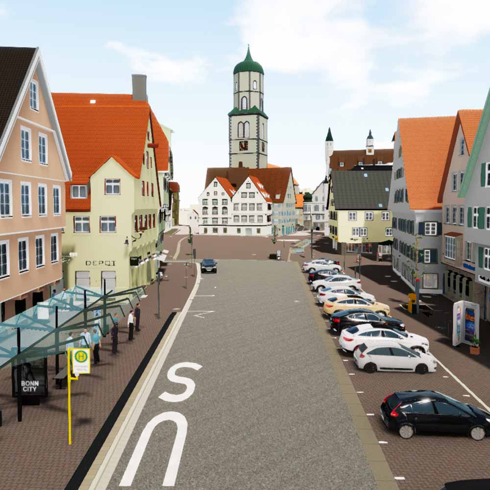 Digitales Modell einer Innenstadtstrasse mit parkenden Autos, Bushaltestelle und historischen Gebaeuden rund um einen Platz mit Kirchturm.