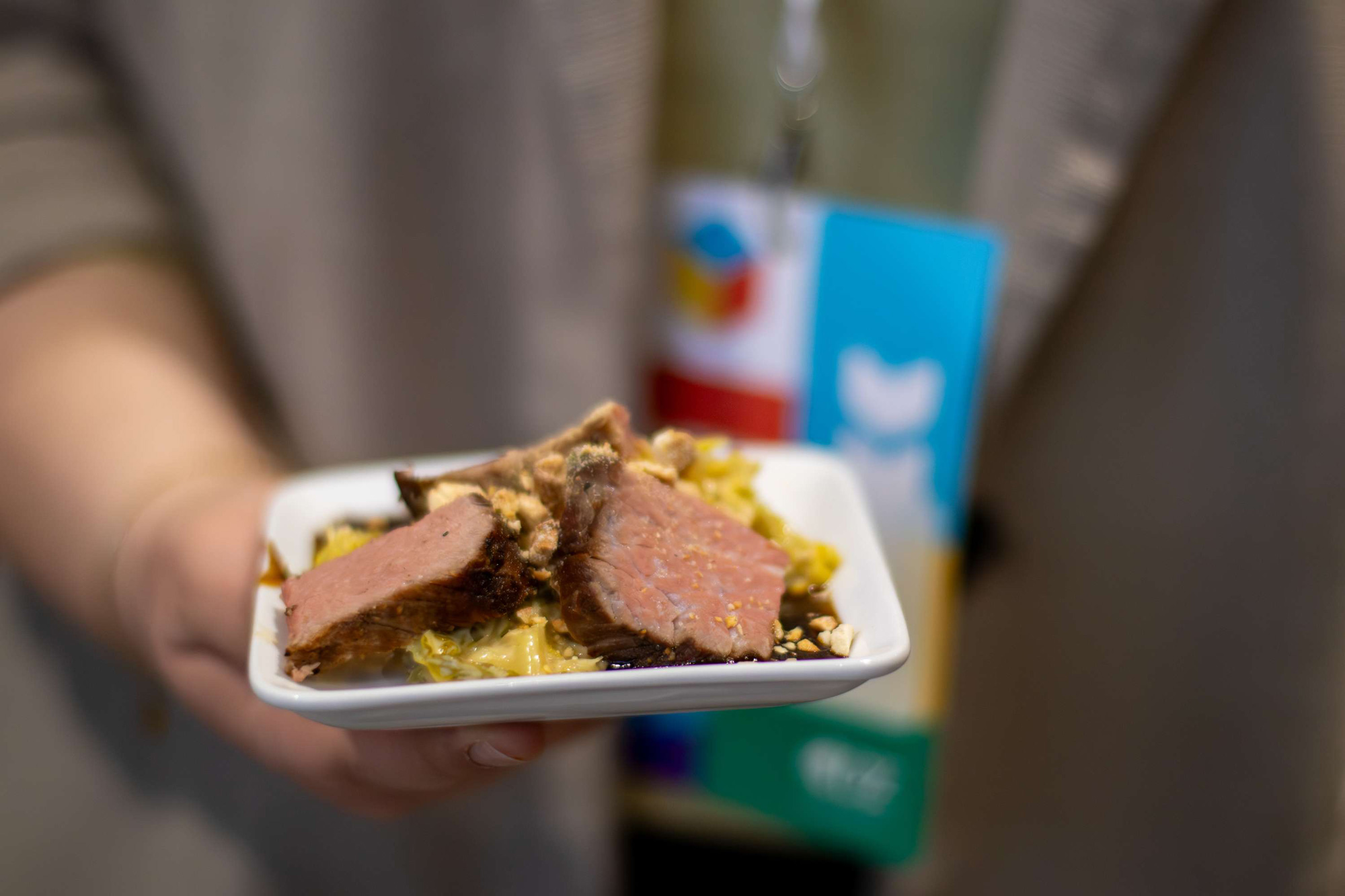Person haelt einen Teller mit aufgeschnittenem Fleisch und Beilagen in der Hand.