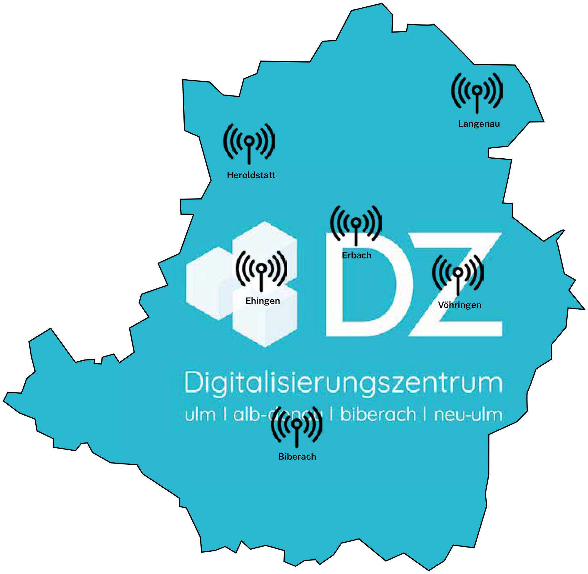Karte des Digitalisierungszentrums mit markierten Funkstandorten in Heroldstatt, Langenau, Erbach, Ehingen, Voehringen und Biberach.